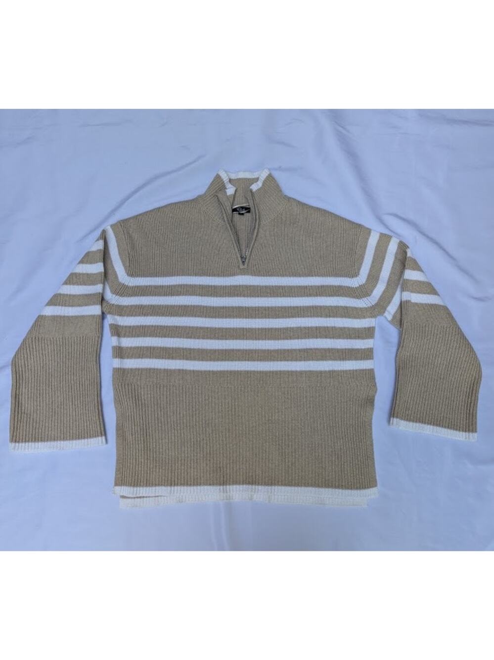 Rails Tessa Sand Stripe Tan and White Sweater Size Small Half Zip Wool Cotton